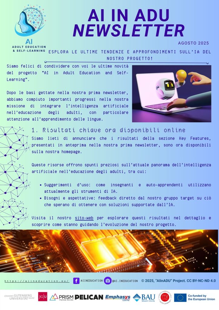 L’intelligenza artificiale entra in aula: scopri le ultime novità del progetto AI in Adult Education and Self-Learning nella seconda Newsletter