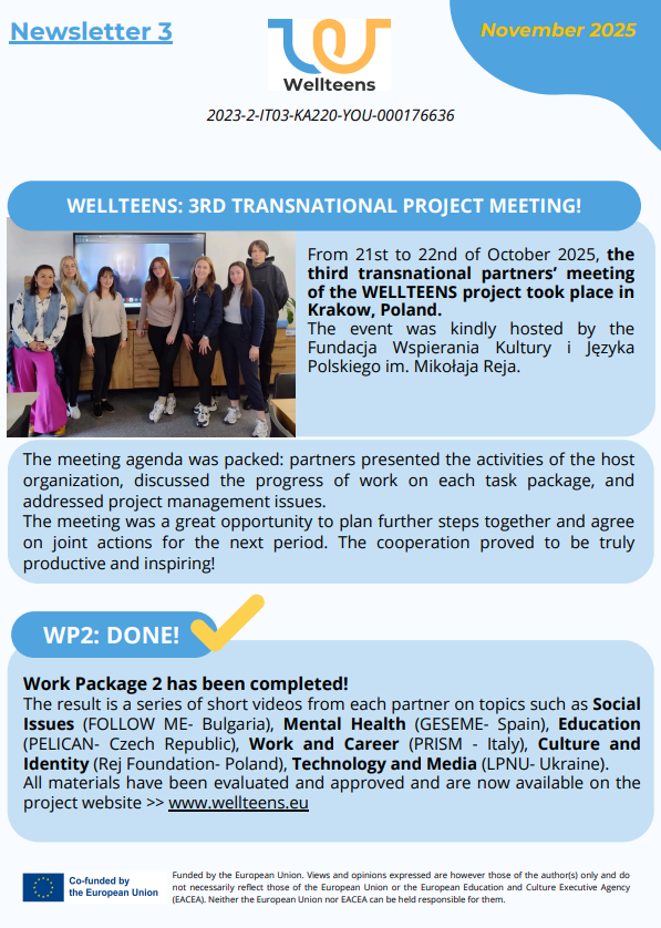 La terza newsletter del progetto WELLTEENS è online